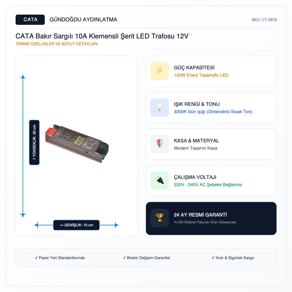 CATA Bakır Sargılı 10A Klemensli Şerit LED Trafosu 12V 120W - CT-2576 - Görsel 2