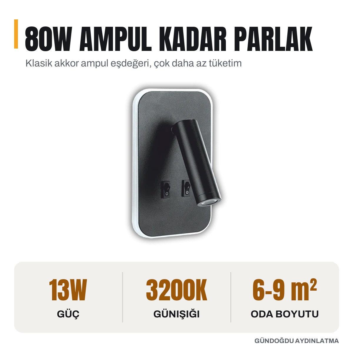CATA 13W Siyah Kasa Çift Kademeli Yatak Başı Aplik 3200K Günışığı - CT-5253S - öne çıkan özellikler