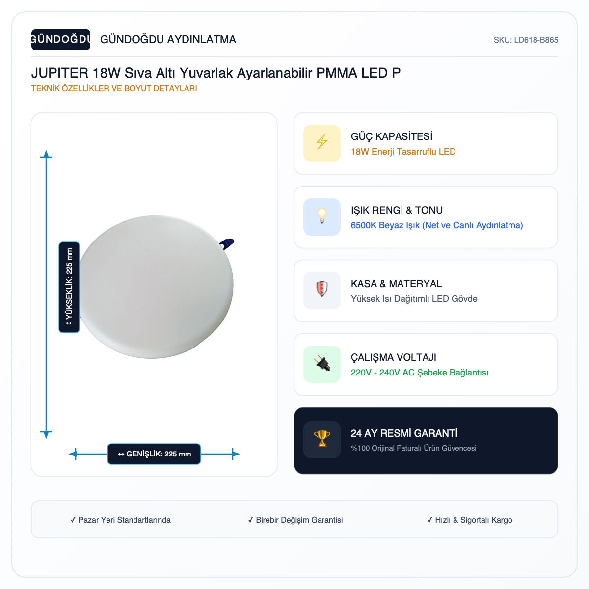 JUPITER 18W Sıva Altı Yuvarlak Ayarlanabilir PMMA LED Panel 6500KELVIN - LD618-B865 - Görsel 2