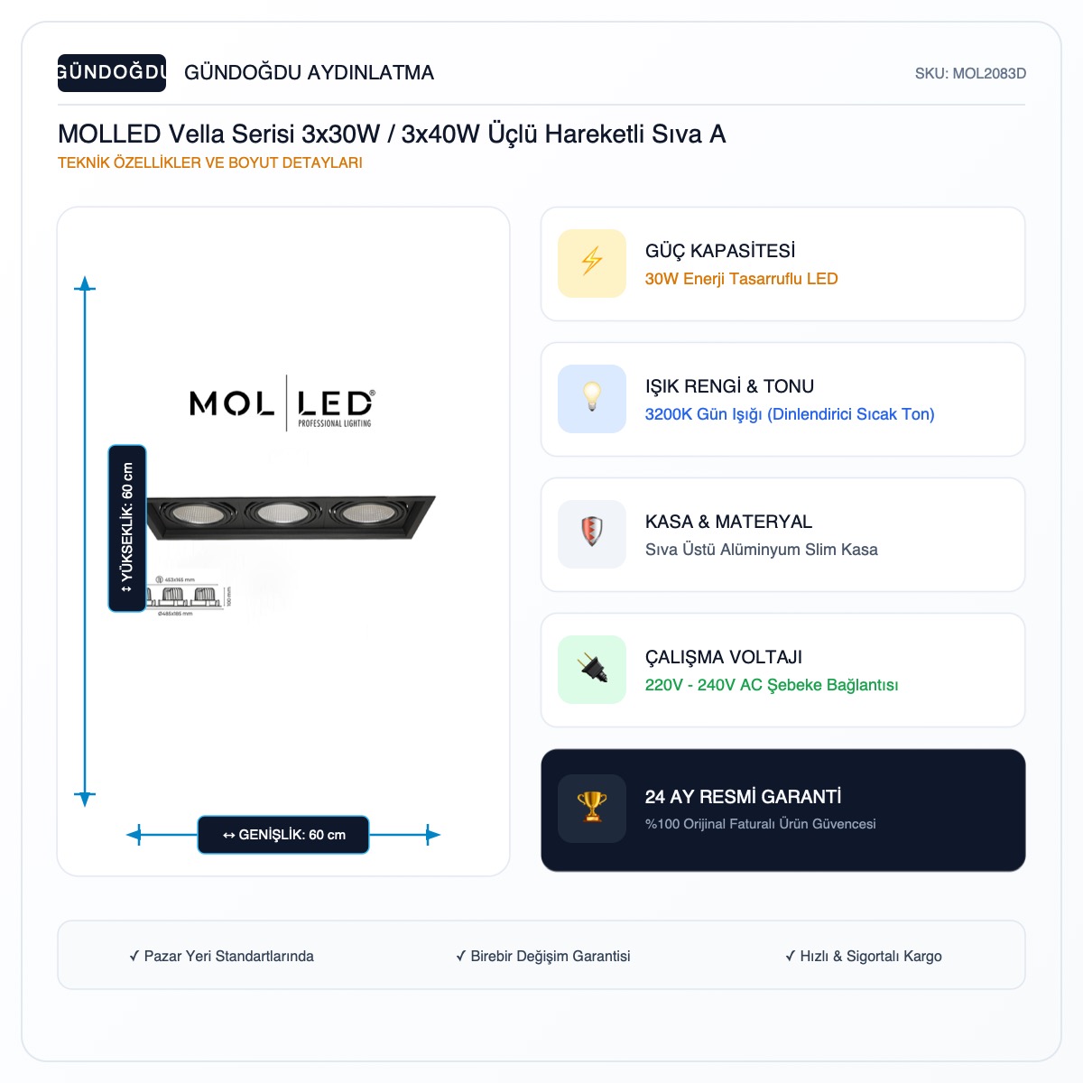 MOLLED Vella Serisi 3x30W / 3x40W Üçlü Hareketli Sıva Altı LED Spot - MOL2083D - Görsel 2