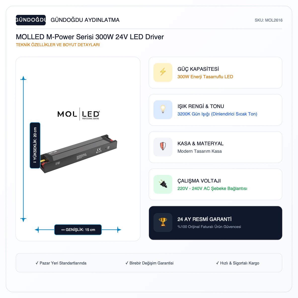 MOLLED M-Power Serisi 300W 24V LED Driver - MOL2616 - Görsel 2