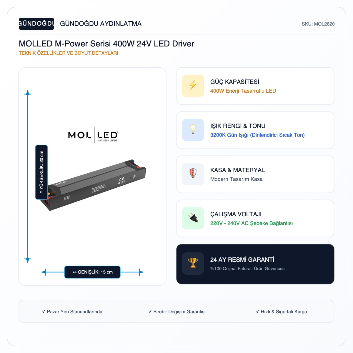 MOLLED M-Power Serisi 400W 24V LED Driver - MOL2620 - Görsel 2