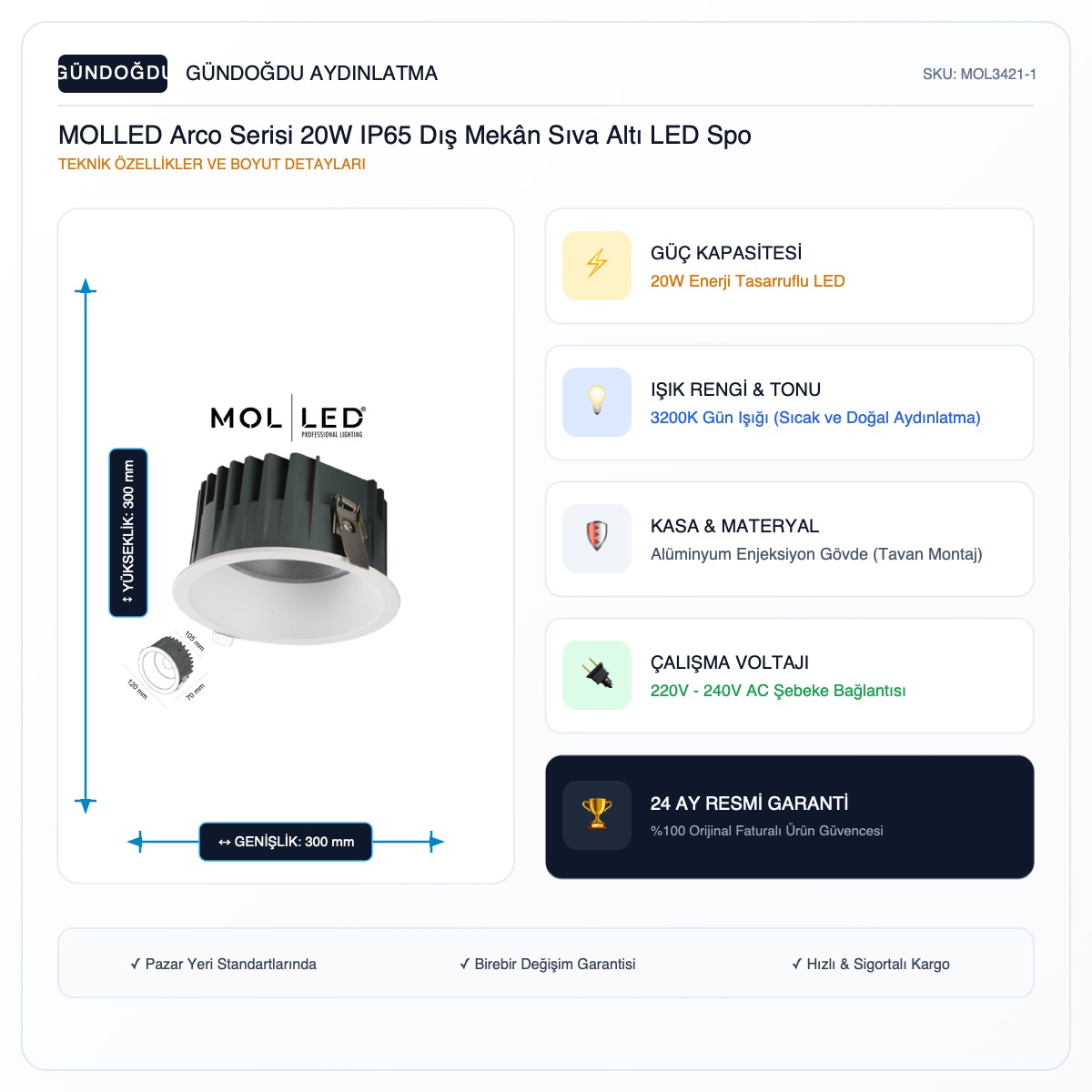 MOLLED Arco Serisi 20W IP65 Dış Mekân Sıva Altı LED Spot 2700K - MOL3421-1 - Görsel 2