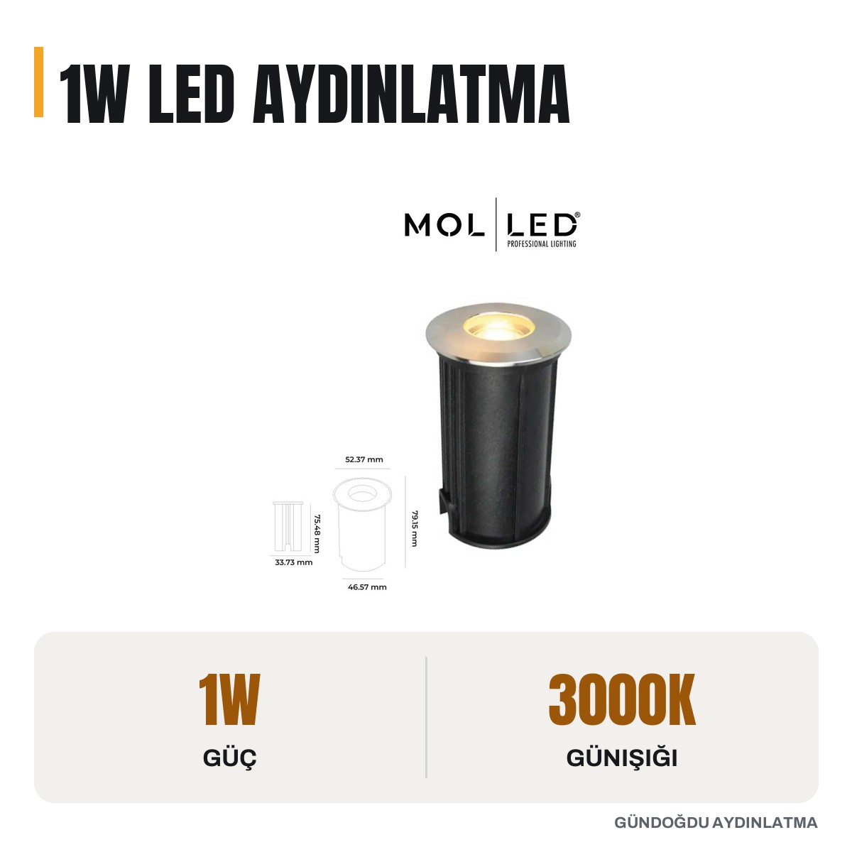 MOLLED 1W Saten Kasa 12 Volt Dış Mekan Zemin LED Aydınlatması 3000K - MOL9028 - öne çıkan özellikler